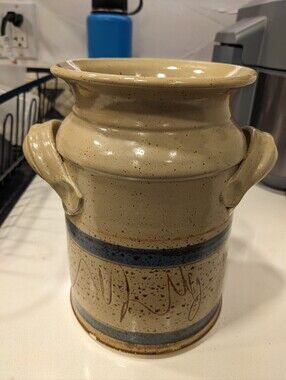 Vintage Pottery Utensil Holder Brown Milk Jug Pottery Studio Art Signed Chips